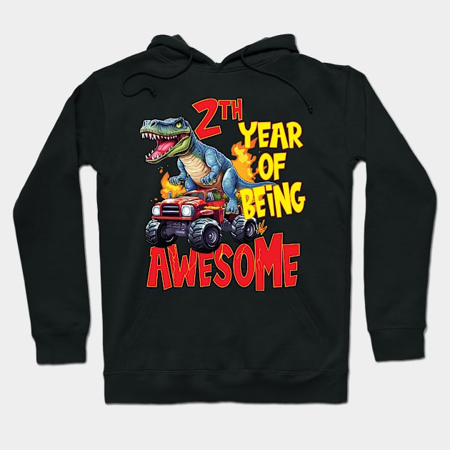 2nd Year of Being Awesome 2yr Birthday Truck Dinosaur Boy Girl 2 Years Old Hoodie by Envision Styles